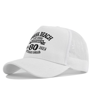 Detail of white mesh trucker cap featuring black Normandy Veterans Squad printed logo