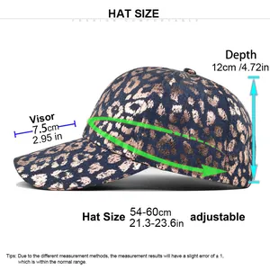Detailed size chart for vintage washed denim baseball cap with gold leopard print details