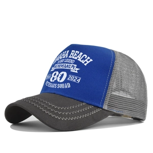Detail of Omaha Beach Normandy veterans print on blue and grey mesh trucker cap