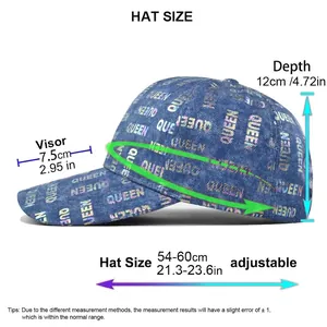 Washed denim baseball cap with QUEEN print and adjustable size chart measurement