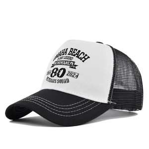 Detail of Omaha Beach 80th anniversary print on a breathable mesh trucker hat