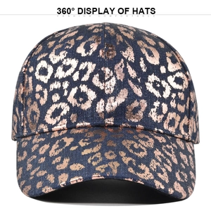 Washed navy denim baseball cap with metallic rose gold leopard print and curved brim