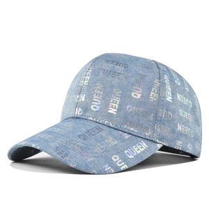 Vintage light blue denim baseball cap with holographic QUEEN print and distressed texture