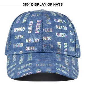 Blue denim baseball cap with holographic QUEEN print in a vintage washed style