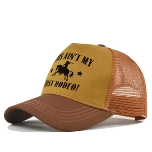 Detail view of American vintage mesh trucker hat with Rodeo embroidery and brown brim