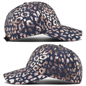 Dual side views showing dark blue denim baseball cap with shiny copper leopard print