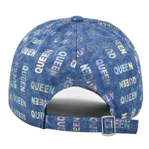 Washed denim baseball cap with iridescent QUEEN print and metal buckle closure