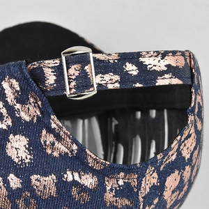 Navy denim baseball cap with rose gold leopard print and silver metal buckle adjustment