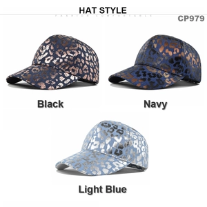 Vintage washed denim baseball caps with leopard print in black, navy and light blue colors