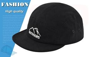 Close-up of black 5-panel outdoor hat with white mountain embroidery and side eyelets