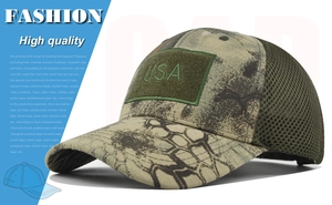 Detailed view of camouflage tactical baseball cap with USA embroidery and mesh back