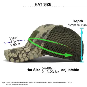Tactical camouflage baseball cap with mesh back and adjustable size chart specifications