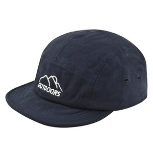 Detail of the navy 5-panel camper cap showing mountain embroidery and outdoors text