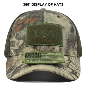 Detail of tactical camo baseball cap with USA embroidery and breathable mesh back