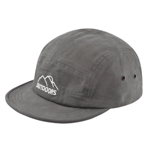 Detail of grey 5-panel camper hat featuring white mountain embroidery and metal eyelets