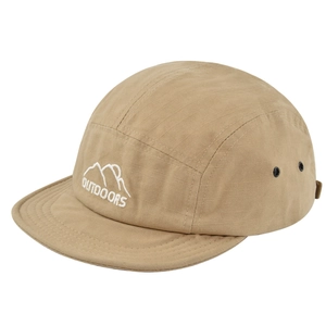 Detail of khaki 5-panel camping hat with ripstop fabric and outdoor mountain embroidery