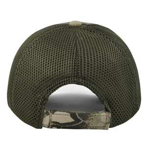 Detail view of military green mesh baseball cap with camouflage adjustable strap closure