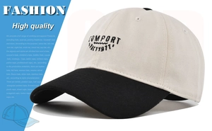Detailed close-up of embroidered COMFORT VACT1977 letters on a two-tone baseball cap