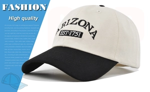 Detailed embroidery of ARIZONA EST 1751 lettering on a two-tone canvas baseball cap