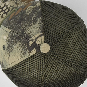 Detail of tactical camo baseball cap showing breathable mesh and honeycomb pattern