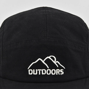 Black ripstop camper hat with mountain embroidery and white Outdoors text on front