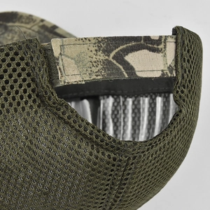 Detail of breathable large mesh fabric and adjustable camo strap on baseball cap