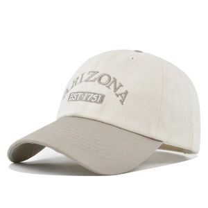 Detail view of Arizona EST 1751 vintage embroidery on a cotton twill baseball cap