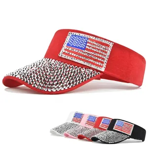 Women Rhinestone American Flag Visor Hat Adjustable Cotton Blend Sun Visor Cap For Outdoor Sport Beach Fashion Headwear