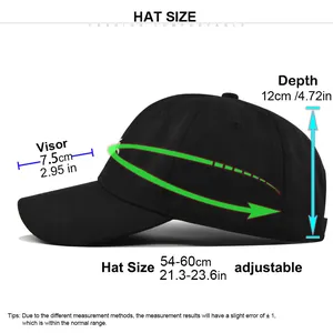 Casquette de baseball classique noire en coton brodée avec guide des tailles et vue latérale