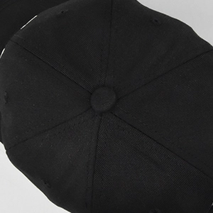 Gros plan du haut d'une casquette de baseball noire avec couture à six pans et bouton