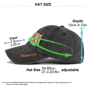 Detailed size guide for distressed baseball cap showing 54-60cm adjustable circumference