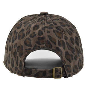 Rear view of leopard print baseball cap with adjustable metal buckle and distressed detail