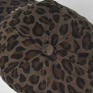 Detailed view of the leopard print fabric texture and top button on a baseball cap