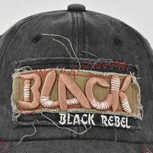 Vintage gewaschene schwarze Baumwoll-Baseballkappe mit 3D BLACK REBEL Stickerei im Retro-Look