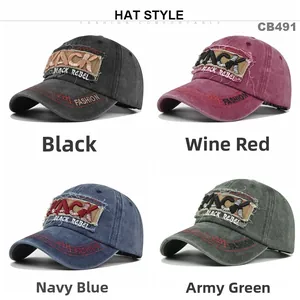 Collage showing four distressed vintage baseball caps in black, navy, burgundy, and green