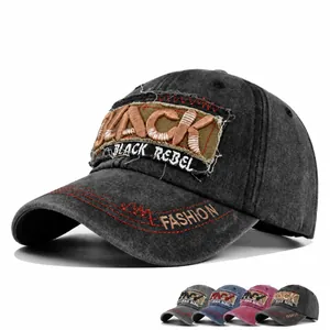 Vintage Distressed Washed Cotton Baseball Cap Black Rebel 3D Embroidery Contrast Stitching Adjustable Sun Hat Unisex Streetwear