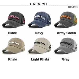 Vintage washed cotton baseball caps with New York 3D embroidery in six assorted colors