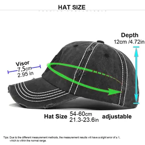 Detailed size guide for adjustable vintage NY washed cotton baseball cap with measurements