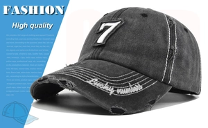 Detailed view of vintage washed charcoal baseball cap with number 7 patch and embroidery