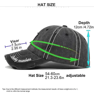 Vintage washed baseball cap size chart showing adjustable strap and 7.5cm visor length