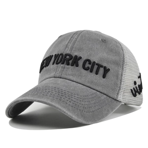 Vintage gray washed cotton baseball cap with 3D New York City embroidery and mesh back