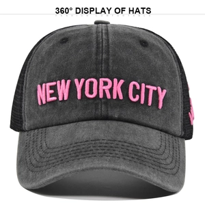 Vintage washed black trucker hat with pink 3D New York embroidery and breathable mesh