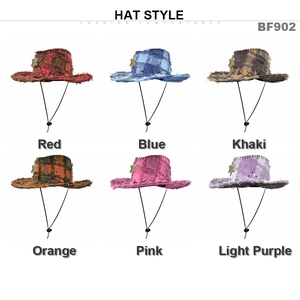 Distressed cowboy hats with star badges and chin straps in six assorted colors