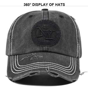 Vintage dark gray washed denim baseball cap with NY embroidery and distressed details