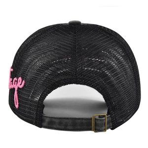 Detail view of black mesh truck cap with vintage pink embroidery and brass metal buckle