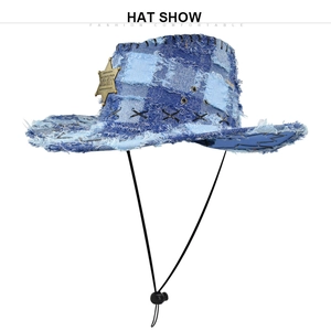 Close-up of blue plaid denim cowboy hat featuring a silver sheriff star badge detail