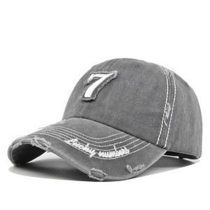 Vintage gray washed baseball cap with 3D number 7 embroidery and lucky number slogan