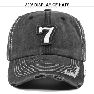Vintage washed charcoal baseball cap featuring number 7 patch and Lucky embroidery