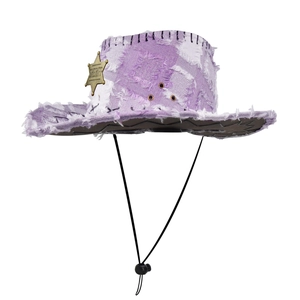 Detail of purple denim cowboy hat with distressed holes and gold Sheriff star badge