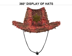 Detail of red-brown checkered cowboy hat with sheriff badge and frayed edges